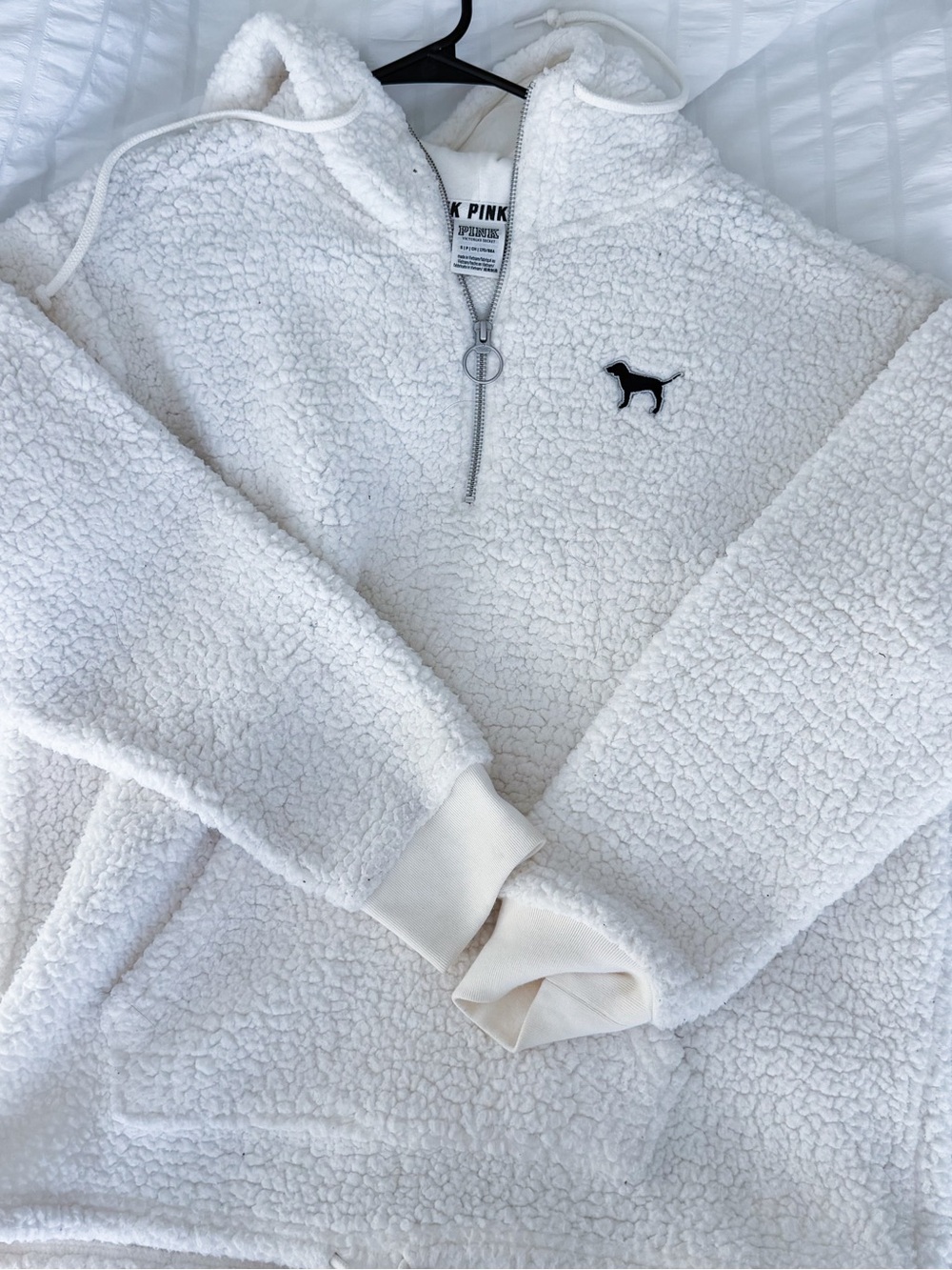 PINK Victoria's Secret White Sherpa Half-Zip Hoodie with Dog Logo